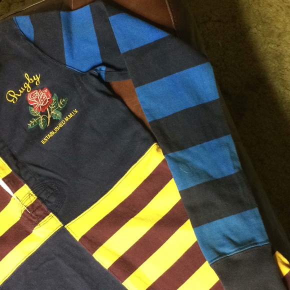 RARE Vintage Rugby Ralph Lauren Fitted patchwork Rugby Shirt - Picture 5 of 6